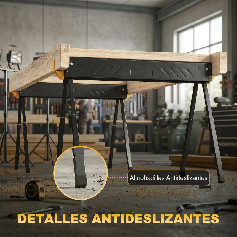HOMCOM Set de 2 Caballetes para Sierra Plegables Altura Ajustable para Madera 2x4 con Asa Ganchos Soporta hasta 500 kg Negro