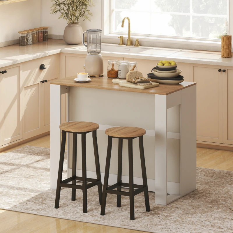 HOMCOM Table de bar, table haute cuisine à 3 niveaux 2 compartiments ouverts, plateau effet bois naturel 113 x 60 x 90 cm blanc