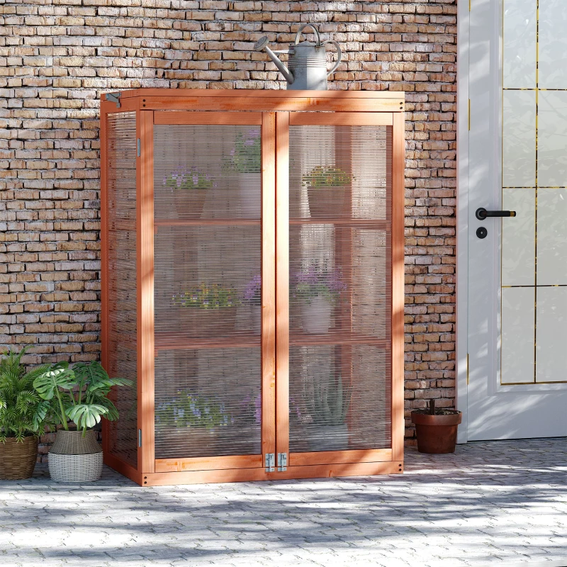 Outsunny Invernadero de Jardín de Madera y Policarbonato Invernadero Vivero Casero con 3 Estantes 2 Puertas y Tapa Abatible para Cultivo de Plantas Terraza Patio 76x47x110 cm Natural