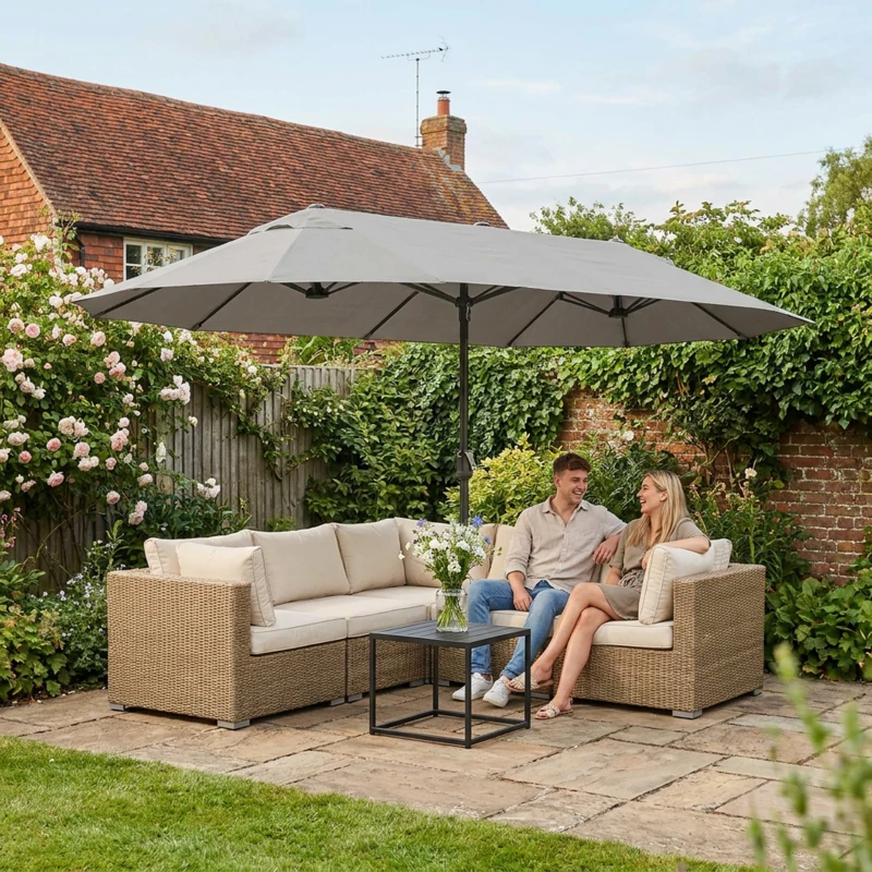Outsunny Grande Parasol de Jardin Exterieur 4,6 x 2,7 m avec Pied en Croix, Parasol Double avec Manivelle, pour Terrasse, Café