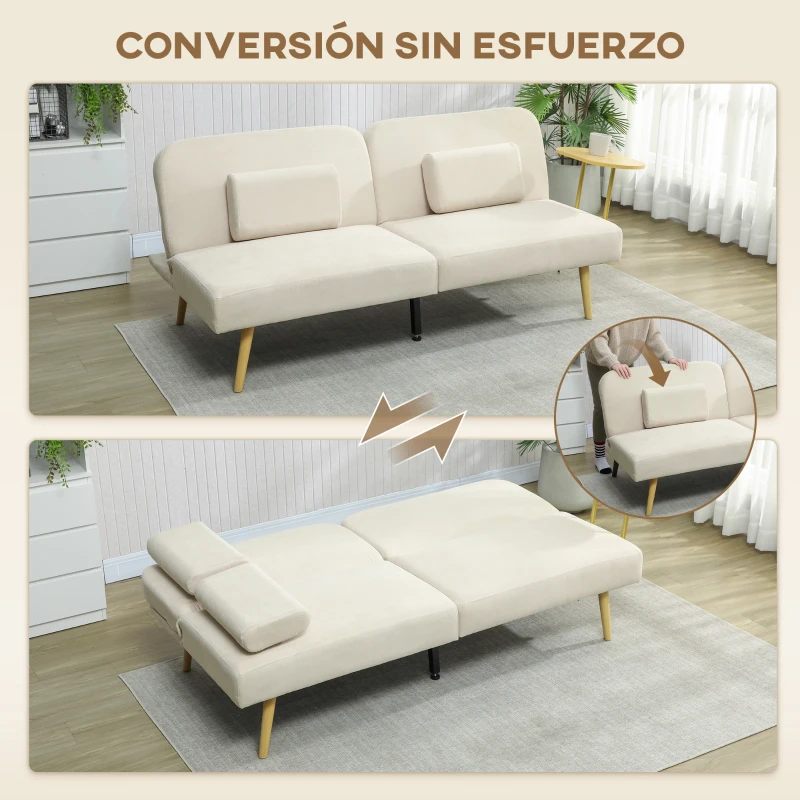 HOMCOM Sofá Cama de 3 Plazas con Mesa Auxiliar 3 en 1 con Respaldo Ajustable Apertura Clik-Clak 196x86x81 cm Beige