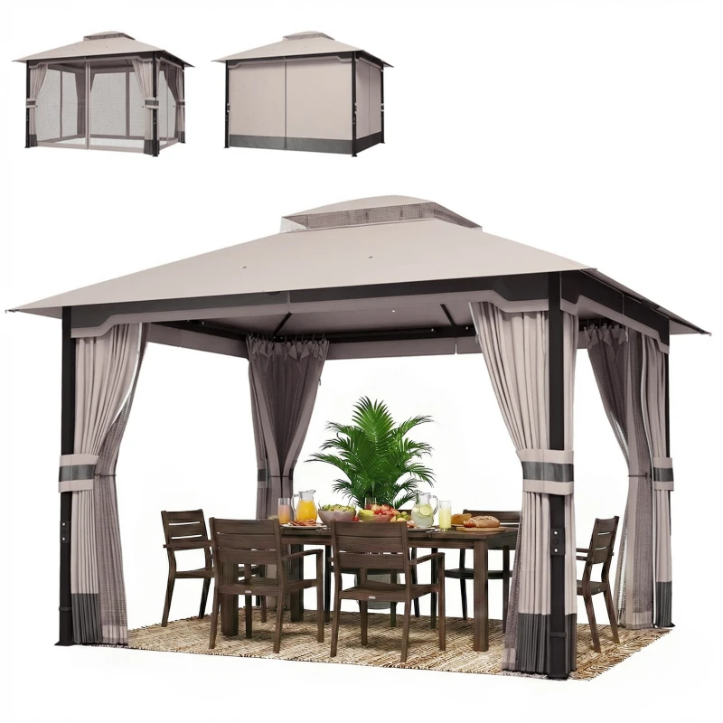 Outsunny Gazebo da Giardino 3x3.6 m con Doppio Tetto, Tende e Zanzariera, in Metallo e Poliestere Cachi