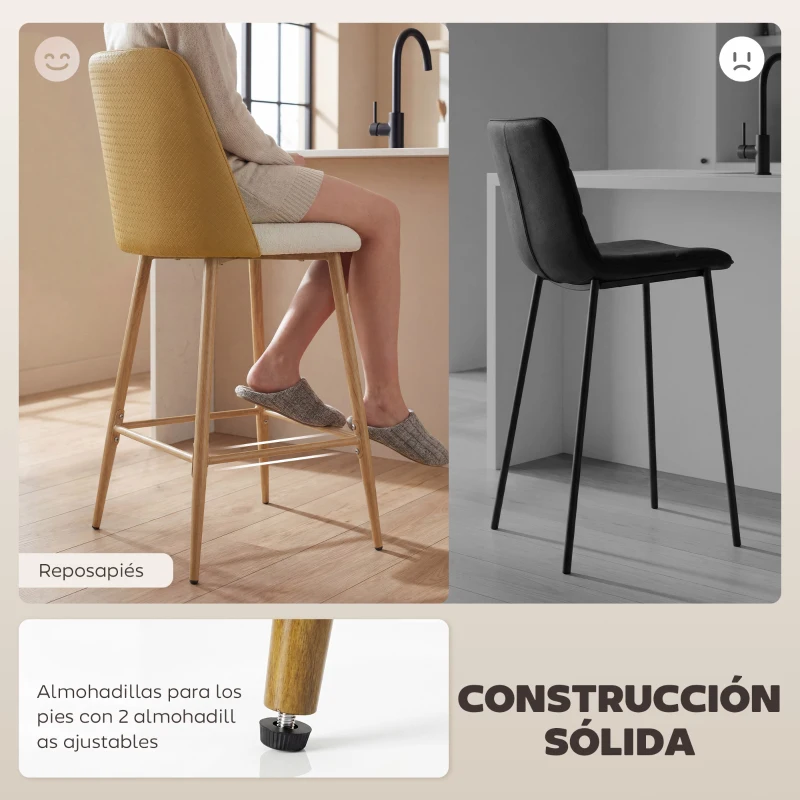 HOMCOM Juego de Taburetes Altos de Cocina con Respaldo y Reposapiés Tapizados de Lino y PU Marco de Acero Marrón