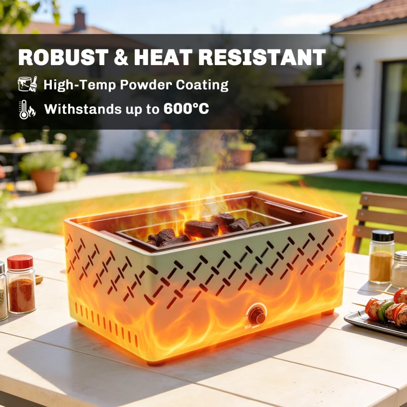 Outsunny Portable Charcoal BBQ Grill, Battery Powered Barbecue Grill with Built-in Fan for Camping Picnic, Light Green