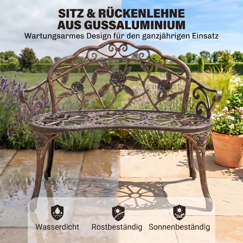 Outsunny Gartenbank 2-Sitzer aus Metall, Sitzbank im Retro Stil, Parkbank mit Blumenmuster 100 x 54 x 78 cm, Bronze