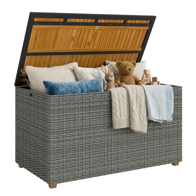 Outsunny Gartenbox 450 L Polyrattan wasserdicht Auflagenbox mit FSC-Holz-Deckel Gasdruckfedern Innenfutter