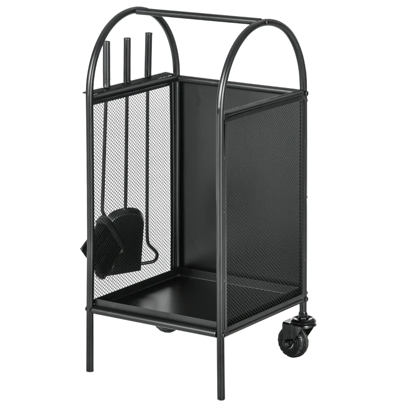 Outsunny Range-bûches porte bûches sur roulettes avec accessoires pelle balai et tisonnier 37,5 x 37,5 x 80 cm noir