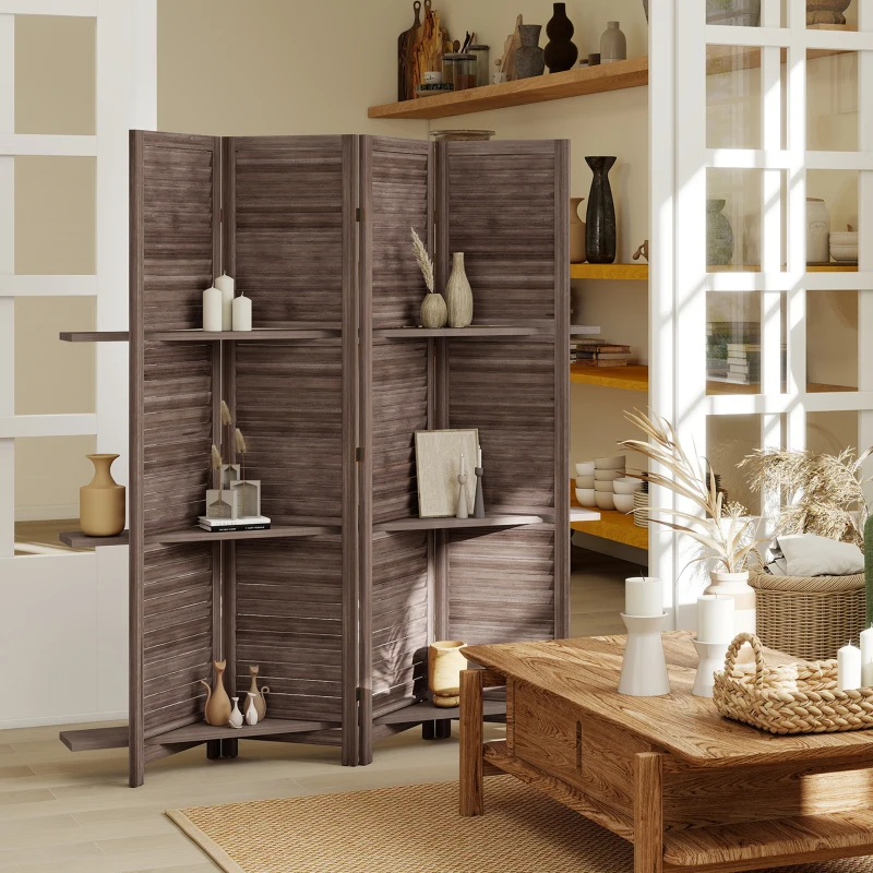 HOMCOM Paravent intérieur en bois 4 panneaux 160 x 170 cm, séparateur de pièce pliable avec 3 étagères, noyer