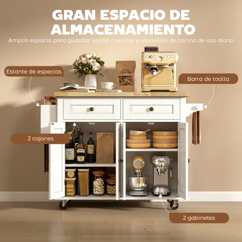 HOMCOM Isla de Cocina con Ruedas Mueble Auxiliar de Cocina con Especiero y Barra Lateral 111x44,5x82,5 cm Blanco