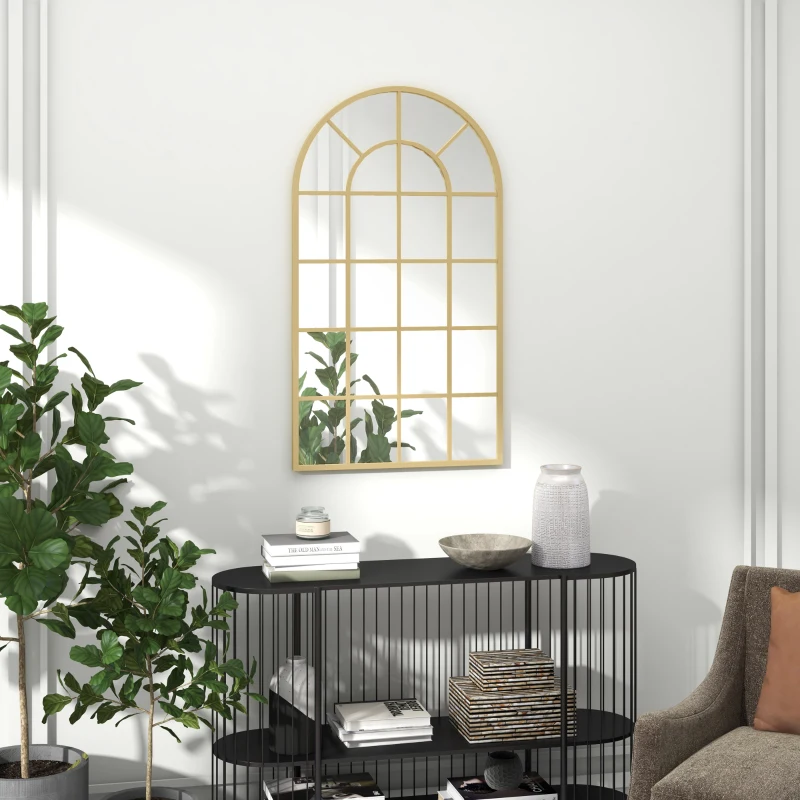 HOMCOM Miroir verrière arche style industriel fenêtre arcade métal 110 x 65 cm doré
