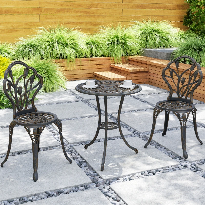Outsunny Set da Esterno 3 Pezzi con 2 Sedie da Giardino e Tavolo Rotondo con Foro per Ombrellone, Bronzo