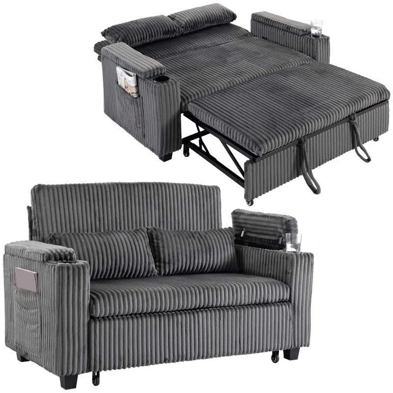 HOMCOM 2 Seater Sofa Bed, Pull Out Sleeper Sofa w/ Adjustable Backrest, Storage Armrests, Cup Holders, Side Pockets, Dark Grey