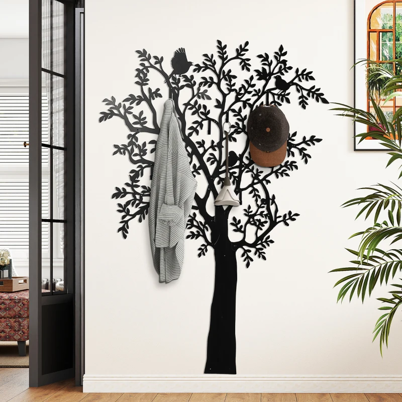 HOMCOM Wandgarderobe, Wandmontierter Mantelhaken, Baumdesign mit Vögeln, Schwarz
