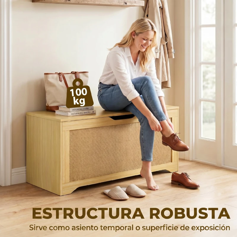 HOMCOM Baúl de Almacenaje 136L Banco de Almacenaje con Panel de Ratán Tapa Brazos de Soporte para Recibidor 100x40x45cm Roble