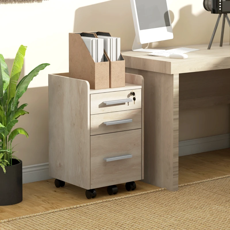 HOMCOM Caisson de bureau rangement bureau sur roulettes 3 tiroirs 1 verrouillable 1 trieur dossiers en bois beige