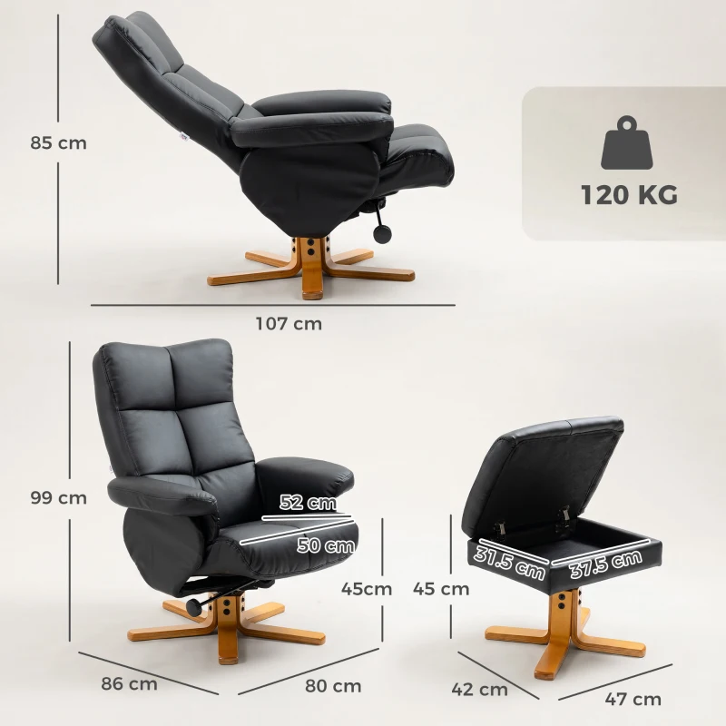 HOMCOM PU Leather Swivel Recliner Chair with Footstool, Wooden Base and Storage for Living Room, Black