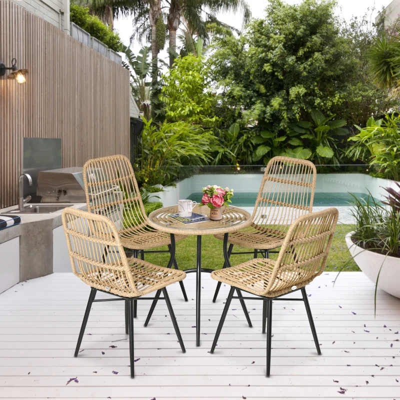 Outsunny 5-tlg. Polyrattan Gartenmöbel Set Essgruppe Esstisch mit 4 Stühlen Gartensitzgruppe mit Beistelltisch Gartenset Outdoor Metall Natur