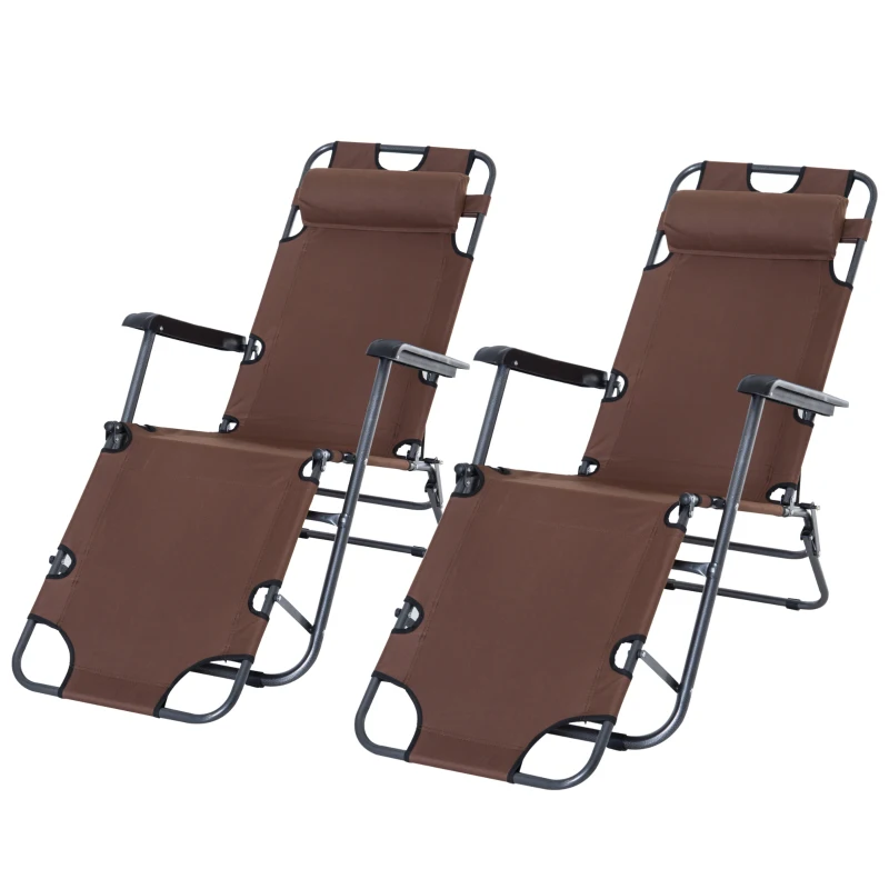 Outsunny 2 in 1 Folding Sun Lounger Reclining Garden Chair Set of 2 with 2-Level Adjustable Backrest, Outdoor Zero Gravity Recliner Garden Chairs with Head Pillow and Armrests, Brown
