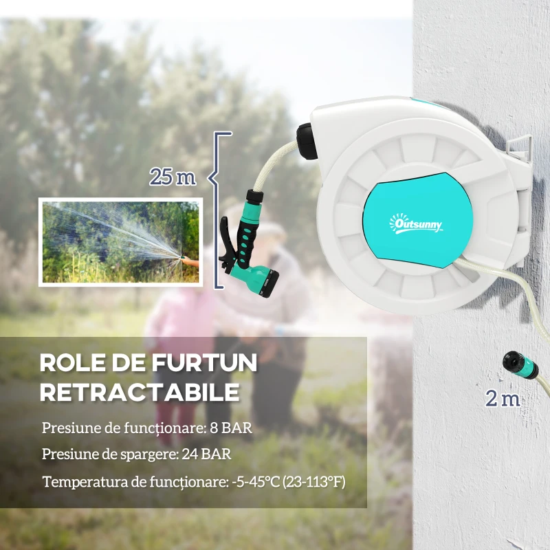Outsunny Tambur Retractabil pentru Furtun de Grădină cu Furtun, Gri Deschis și Verde