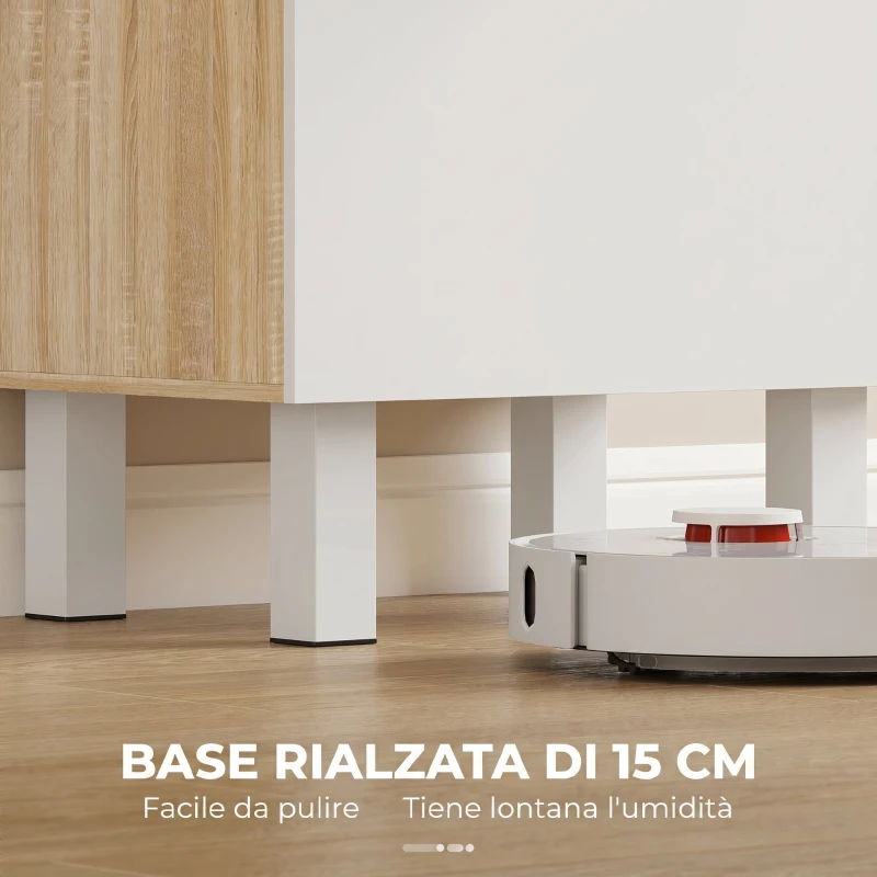 HOMCOM Credenza Cucina con Ripiani Aperti, 2 Armadietti e Cassetto, in Legno e Metallo, 55x40x175 cm, Bianco e Legno