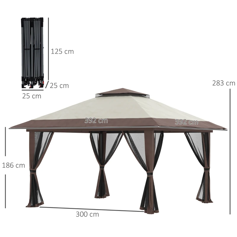 Pavilion Outsunny pliabil 4x4 m cu înălțime reglabilă, plasă de țânțari și geantă, din metal și material Oxford, bej