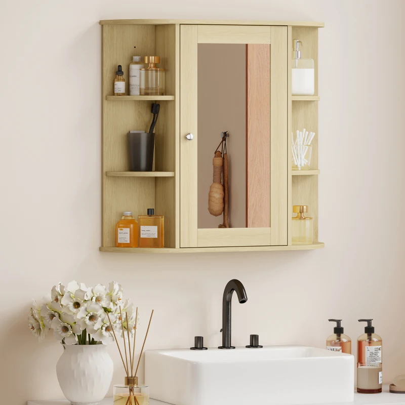 HOMCOM Armario de Baño con Espejo Armario de Pared con Estantes Abiertos 66x17x63 cm Natural