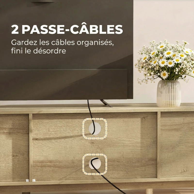 HOMCOM Meuble TV 135 cm, meuble télé pour téléviseur jusqu'à 65 pouces avec 2 portes en rotin, 2 compartiments ouverts, chêne