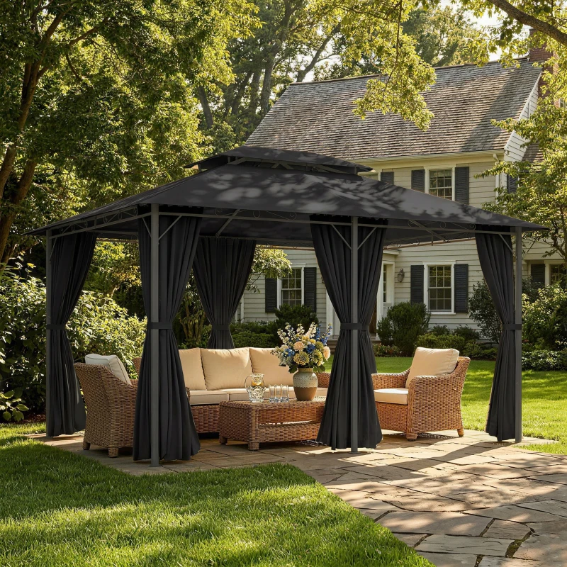 Outsunny 3 x 4m Steel Gazebo, with Curtains - Black