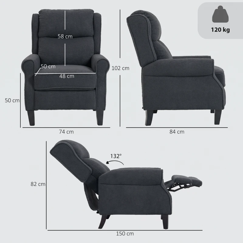 HOMCOM 132° Recliner Armchair, with Extended Footrest - Dark Grey