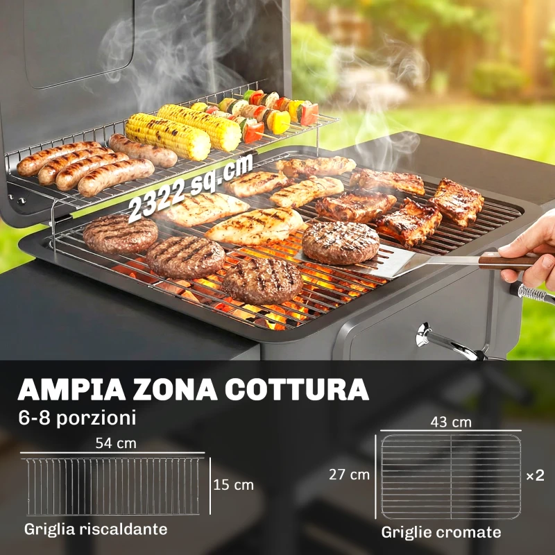 Outsunny Barbecue a Carbone, Griglia Smoker con Ruote per Uso Esterno, Nero