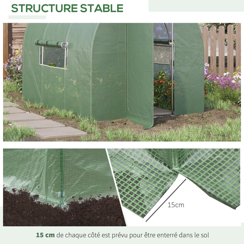 Outsunny Serre de Jardin Tunnel 6 m² Acier galvanisé renforcé diamètre 2,5 cm + PE Haute densité fenêtres Porte Vert