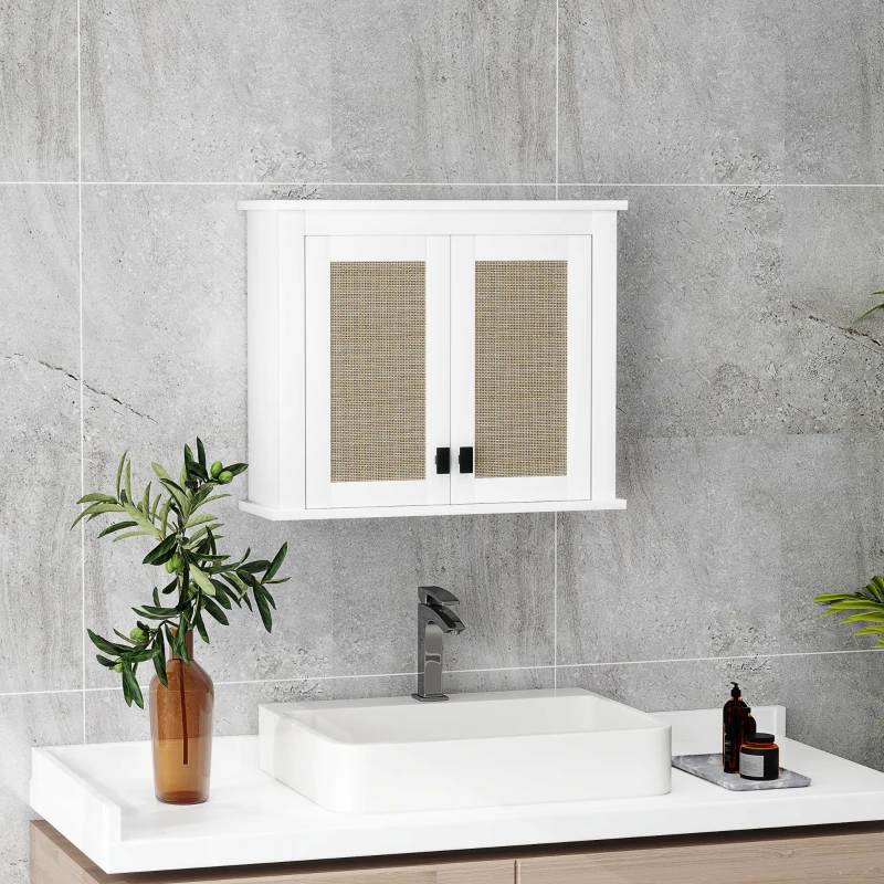 HOMCOM Armario de Pared para Baño Mueble de Baño Suspendido con 2 Puertas de Ratán PE Estante Ajustable 60x19,5x49,4 cm Blanco