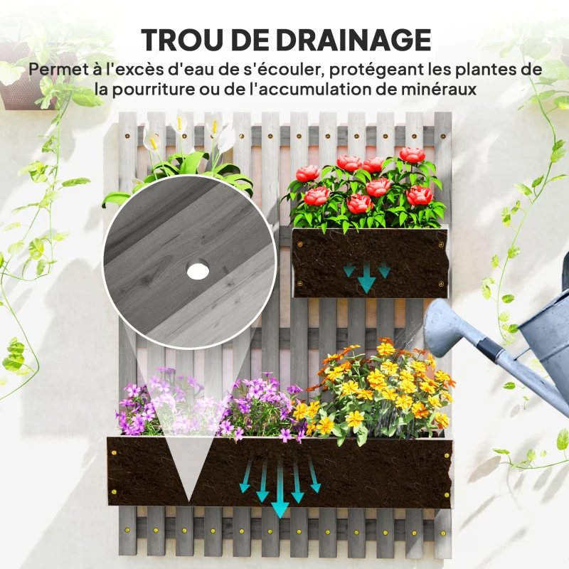 Outsunny Jardinière murale potager avec 3 bacs en bois massif amovibles, tissu non tissé, 60 x 16 x 80 cm gris