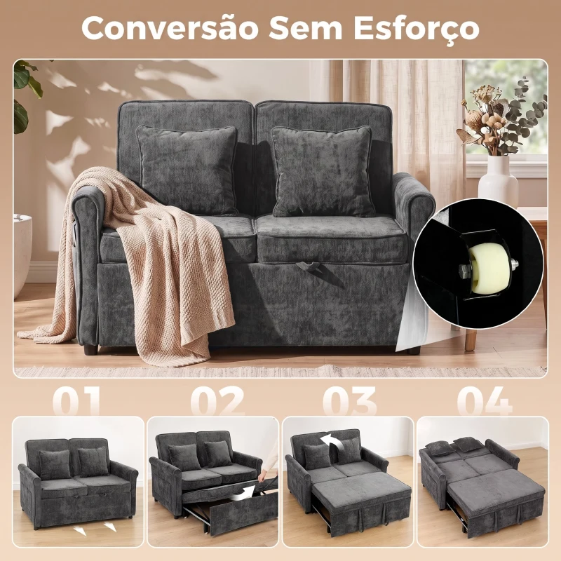 HOMCOM Sofá-cama 2 Lugares 3 em 1 com Encosto Ajustável em 5 Posições, Bolsos Laterais e 2 Almofadas, Cinzento