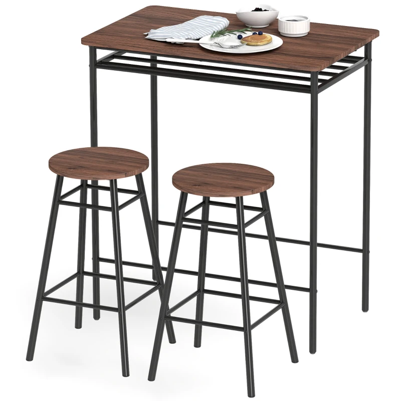 HOMCOM Mesa Alta de Cocina con 2 Taburetes Industrial Estante Abierto Reposapiés Ahorro de Espacio para Espacios Reducidos