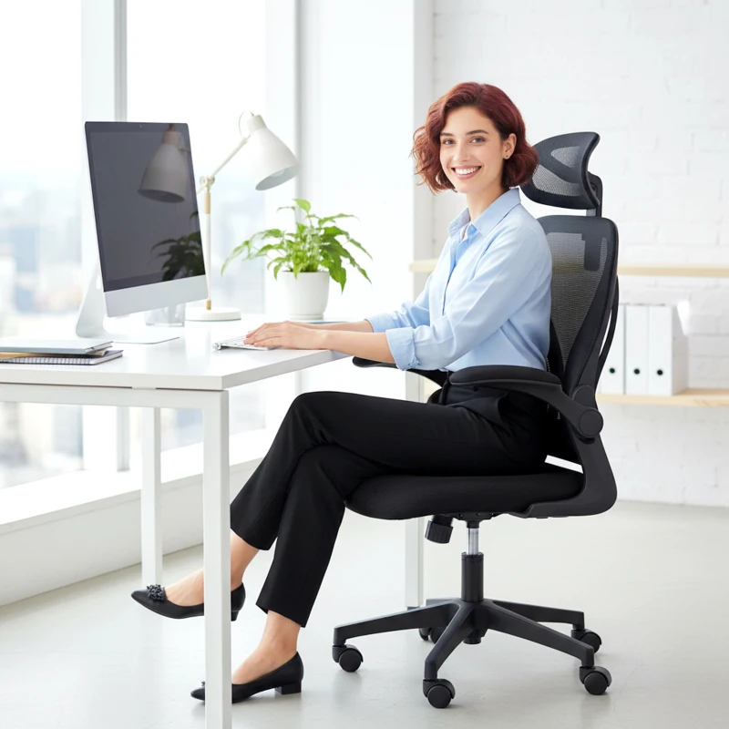 HOMCOM Scaun de Birou Ergonomic cu Brațe Rabatabile, Suport Lombar și Tetieră Reglabilă, Negru
