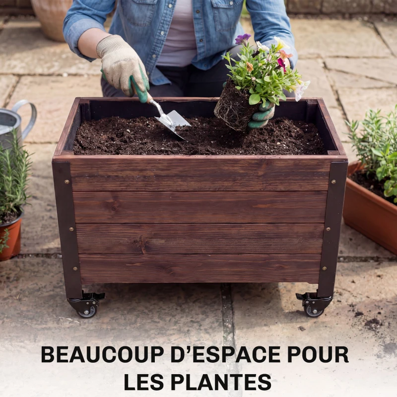 Outsunny Jardinière surélevée en bois avec roues, carré potager de jardin rectangulaire, 60 x 30 x 41 cm, marron