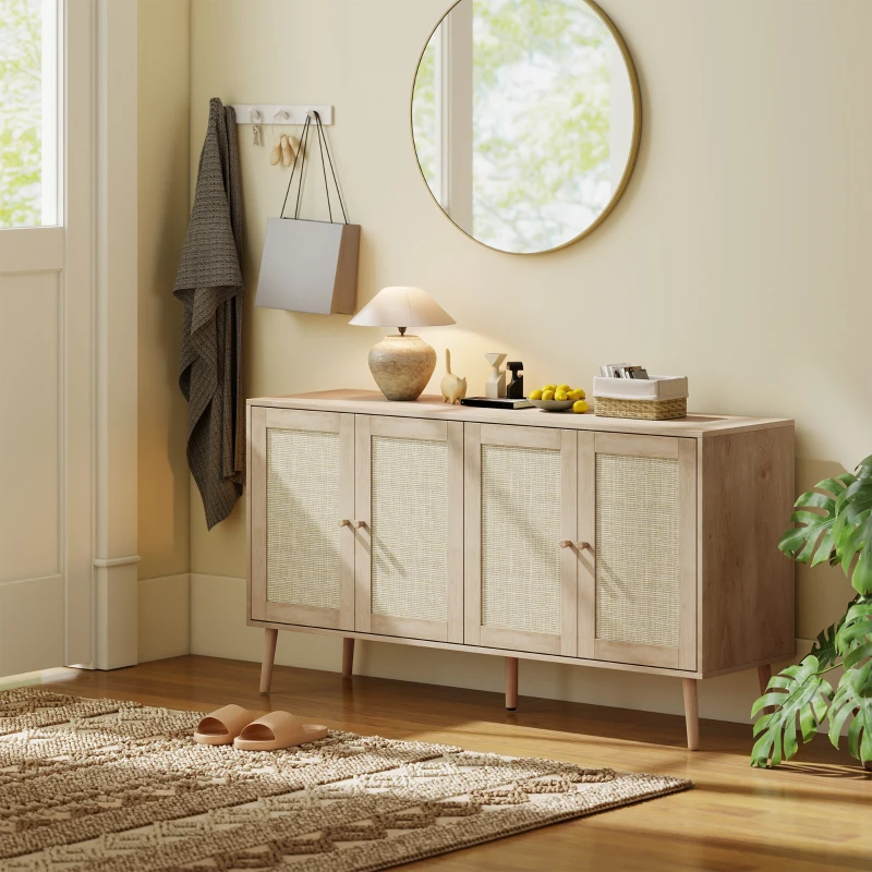 HOMCOM Buffet para sala móvel de arrumação armários com portas em palhinha e prateleira regulável 140 x 40 x 75 cm efeito madeira natural