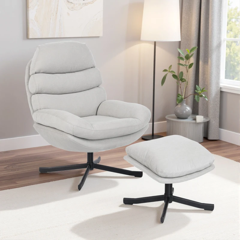 HOMCOM Poltrona Relax com Puff Poltrona Lounge em Tecido Chenille Poltrona de TV Moderna 78 x 93 x 100 cm Creme Branco