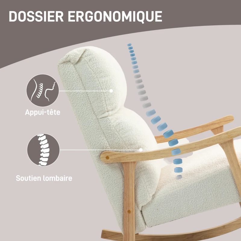 HOMCOM Fauteuil à bascule, rocking chair en velours teddy avec assise rembourré, dossier ergonomique, 65 x 90 x 98 cm, crème