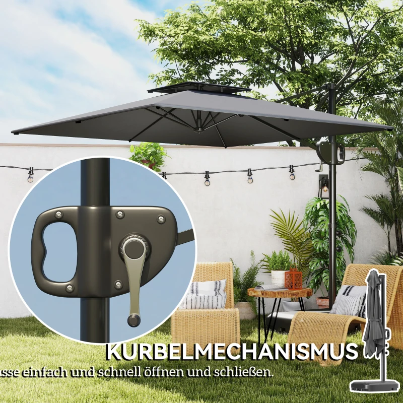 Outsunny Ampelschirm 247 x 247cm neigbar Sonnenschirm mit Doppeldach Kurbel Ständer Wasserabweisend Dunkelgrau