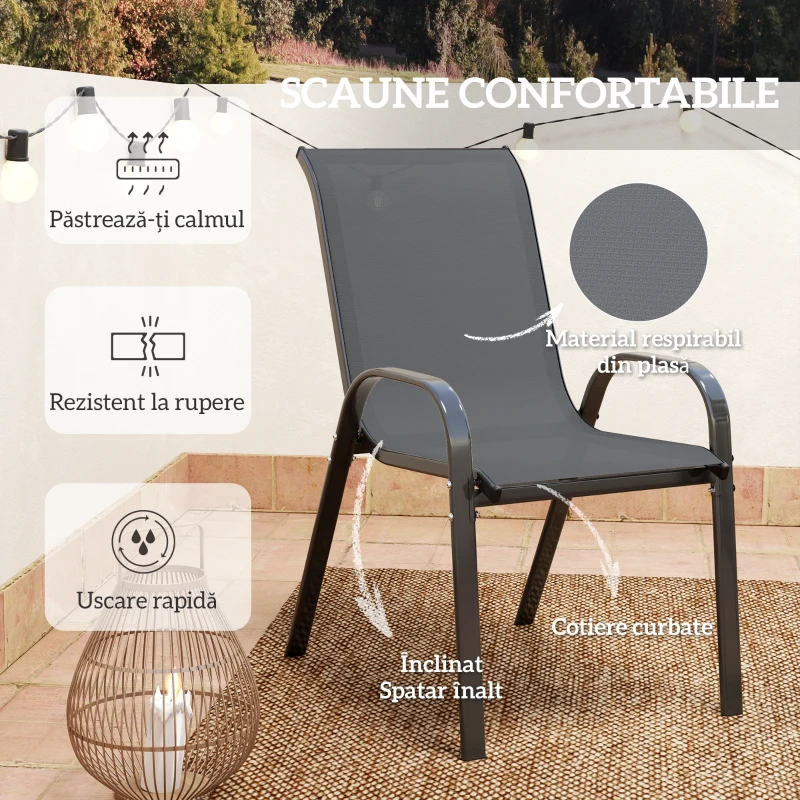 Outsunny Set Mobilier de Grădină din 3 Piese cu Scaune Suprapozabile și Masă din Sticlă, 54x71x93 cm, Gri Închis