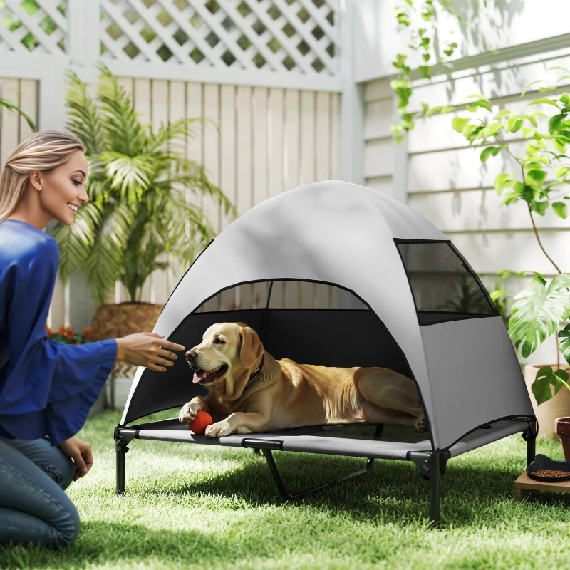 PawHut Cama Exterior para Cães com Dossel Cama Elevada para Cães Grandes 91x76x90 cm Cinza Claro
