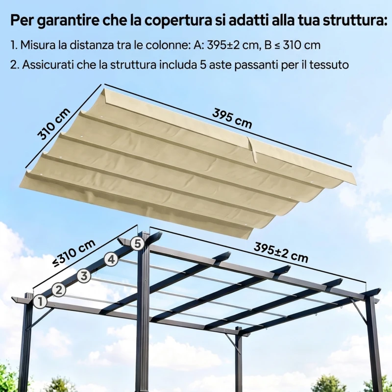 Outsunny Telo Pergola per Esterni Anti UV in Poliestere Beige con 8 Fori di Drenaggio, 392x350 cm