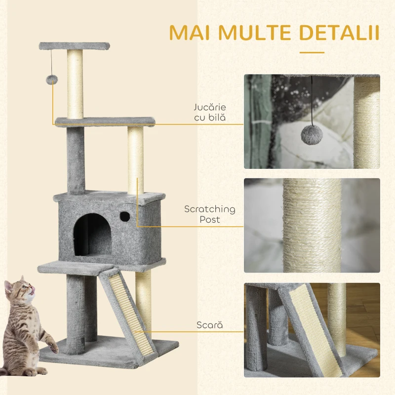 PawHut Albero Tiragraffi Multilivello con Casetta, Scala, Pallina e Pali in Sisal, 48x48x125 cm, Grigio