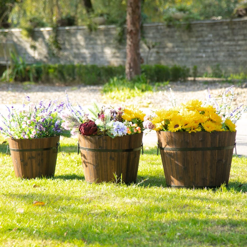 Outsunny Set di 3 Vasi Secchielli per Piante Fiori , Set Vasi da Esterno in Legno di Diverse Dimensioni