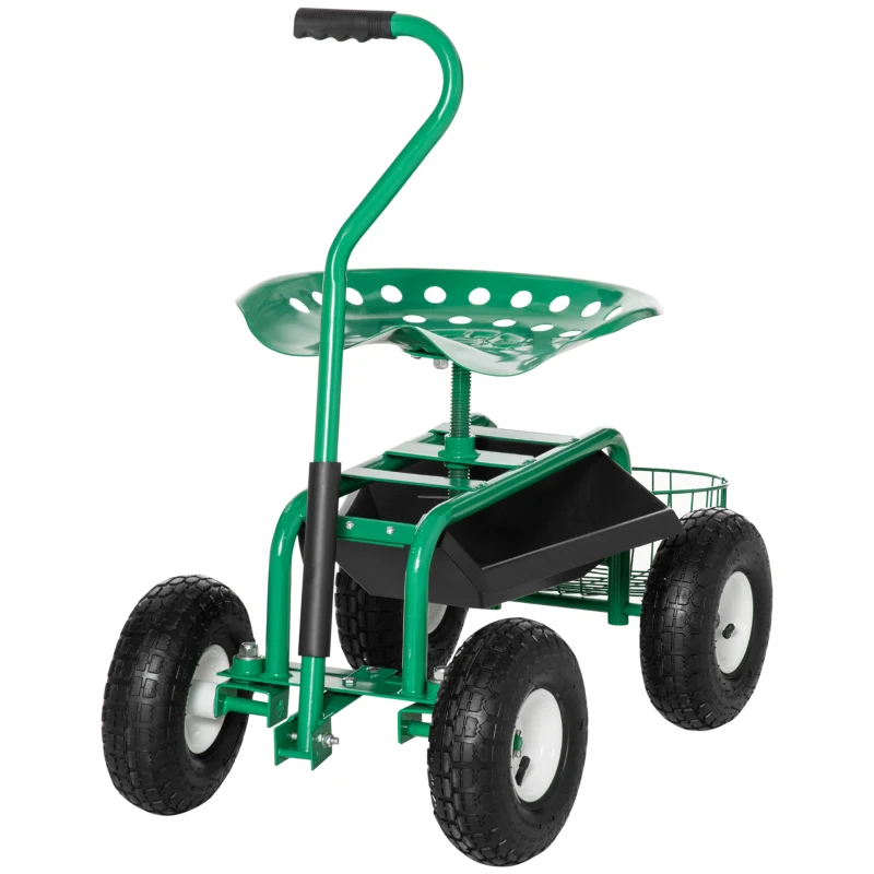 Outsunny Asiento de Jardín con Ruedas Asiento Giratorio y Ajustable en Altura Bandeja de Herramientas Cesta para Exterior Verde