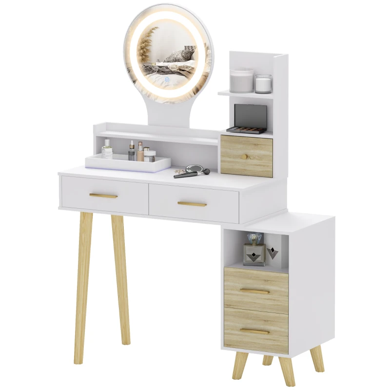 HOMCOM Tocador con Espejo y Luces LED Ajustables con 5 Cajones 4 Compartimentos y 1 Estante 100x44x137 cm Blanco y Natural