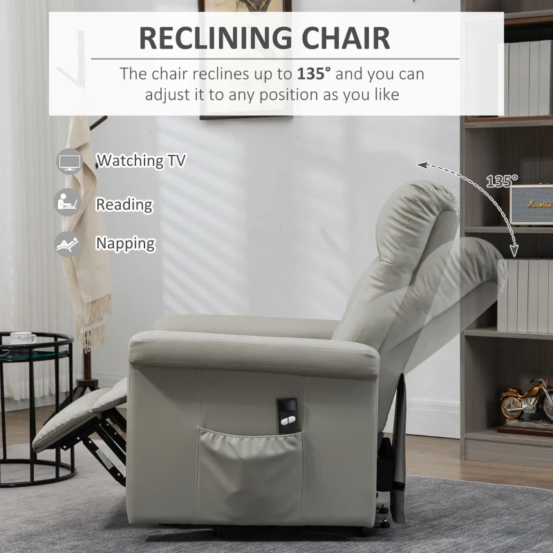 HOMCOM Power Lift Chair Armchair for the Elderly, PU Leather Recliner Chair with Extended Footrest, Remote Control and Side Pocket, Grey