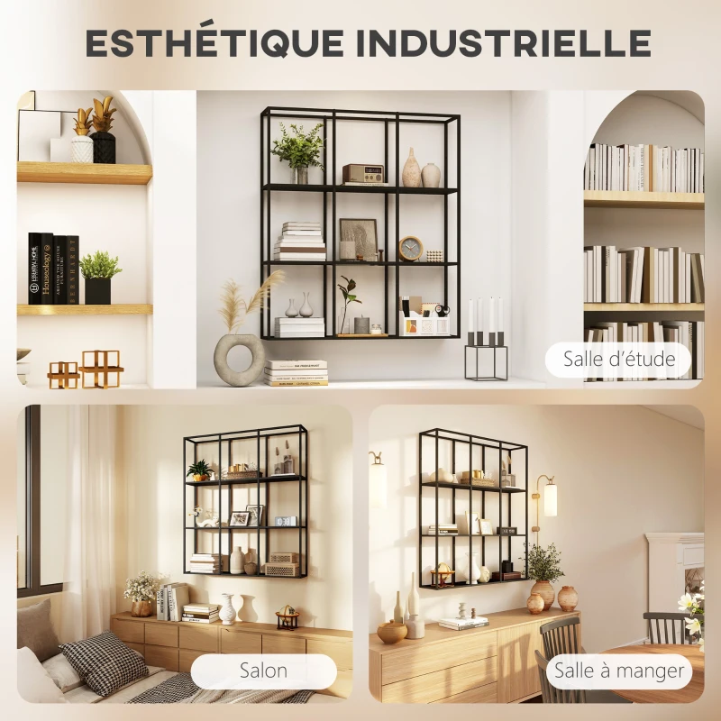 HOMCOM Étagère Murale Industrielle 9 Compartiments, Étagère Modulaire en Métal pour Objets de Collection, 87,5x18x100cm Noir